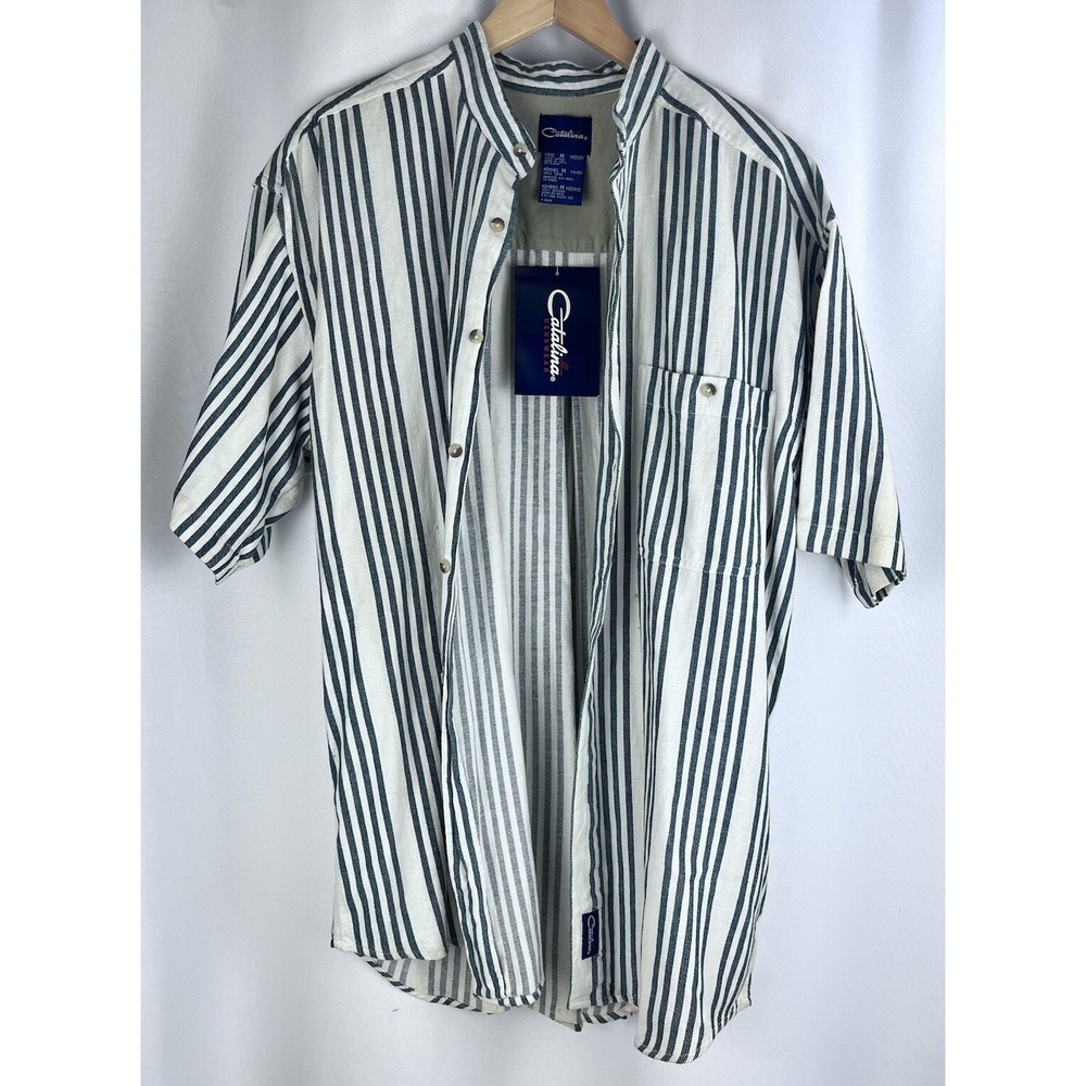Men's Vintage 90s Catalina Button Down Shirt Size Medium Striped Short Sleeve